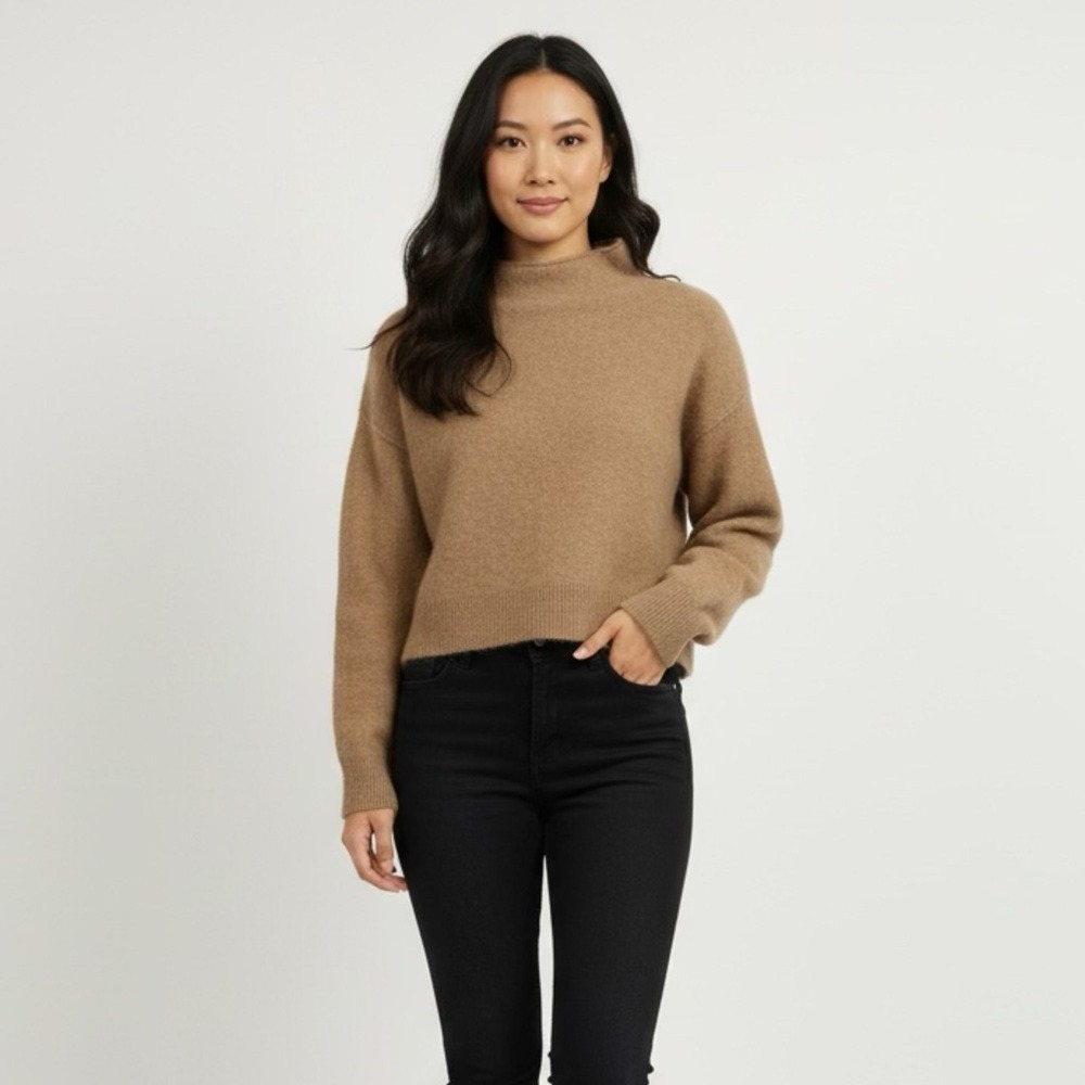 Anthropologie Camel Cropped Cashmere Cowl Neck‎ Sweater Ribbed Waist Size XS
